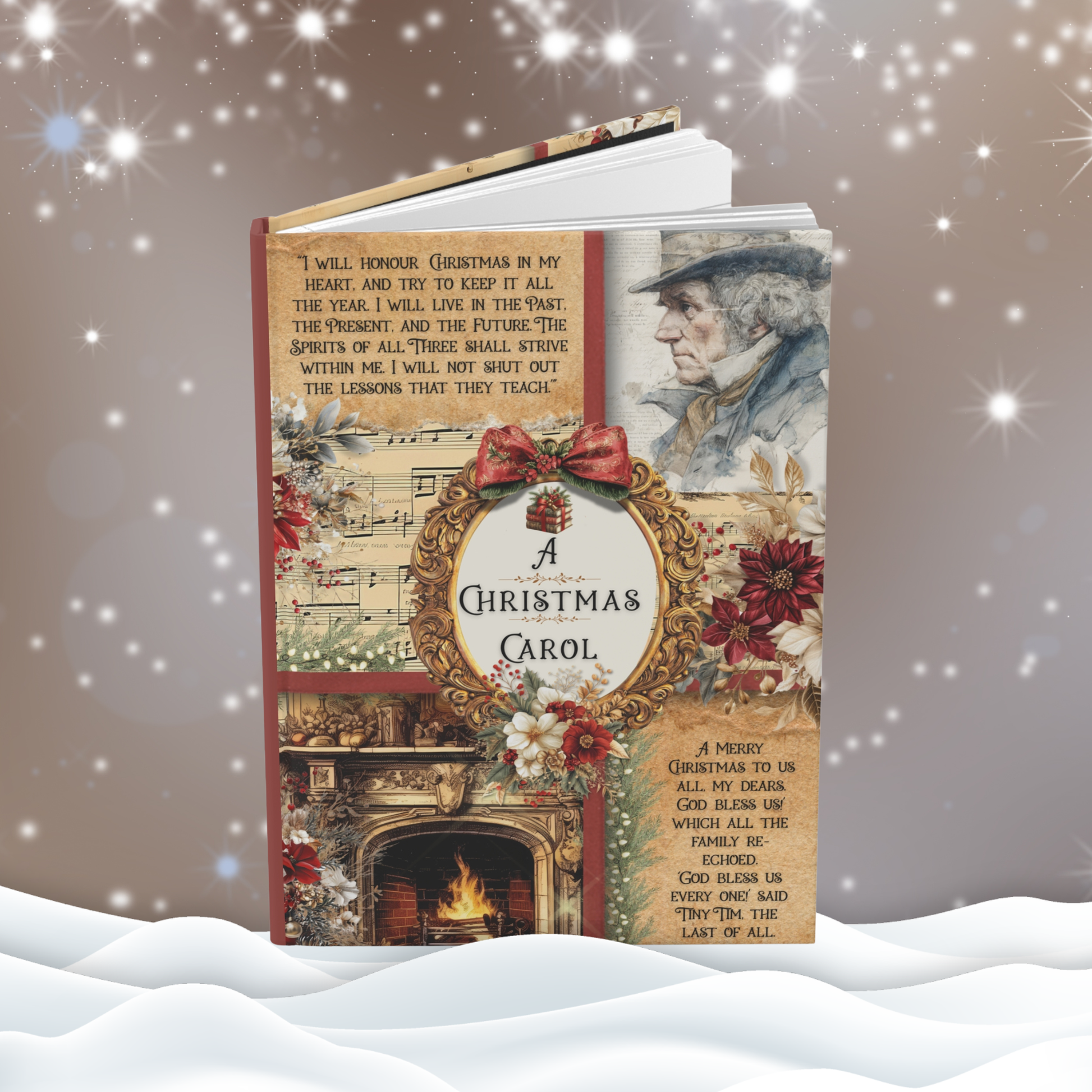 Notebook cover of 'A Christmas Carol' with festive design elements on a snowy background
