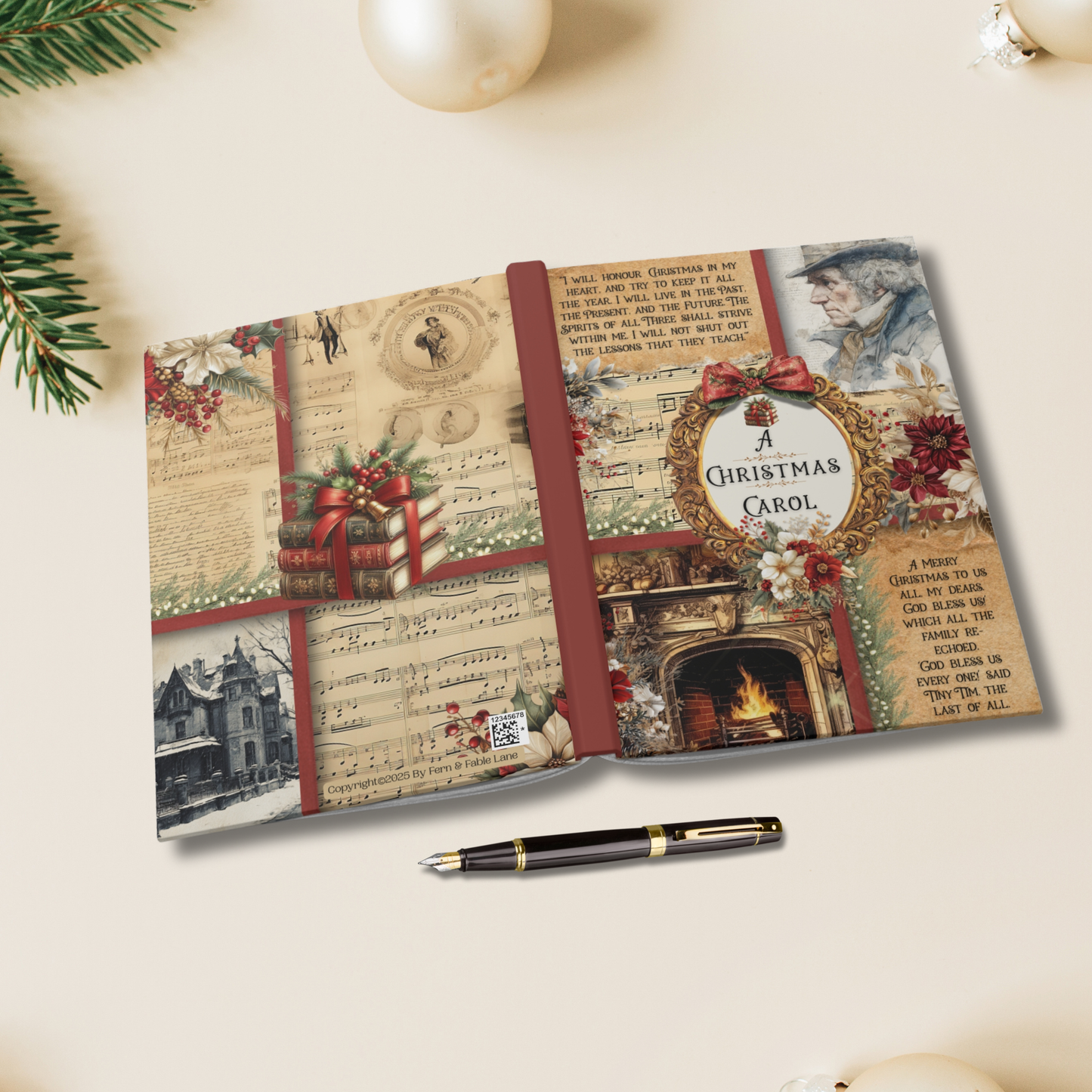 Journal with 'A Christmas Carol' cover design on a white surface with a pen and decorative elements.