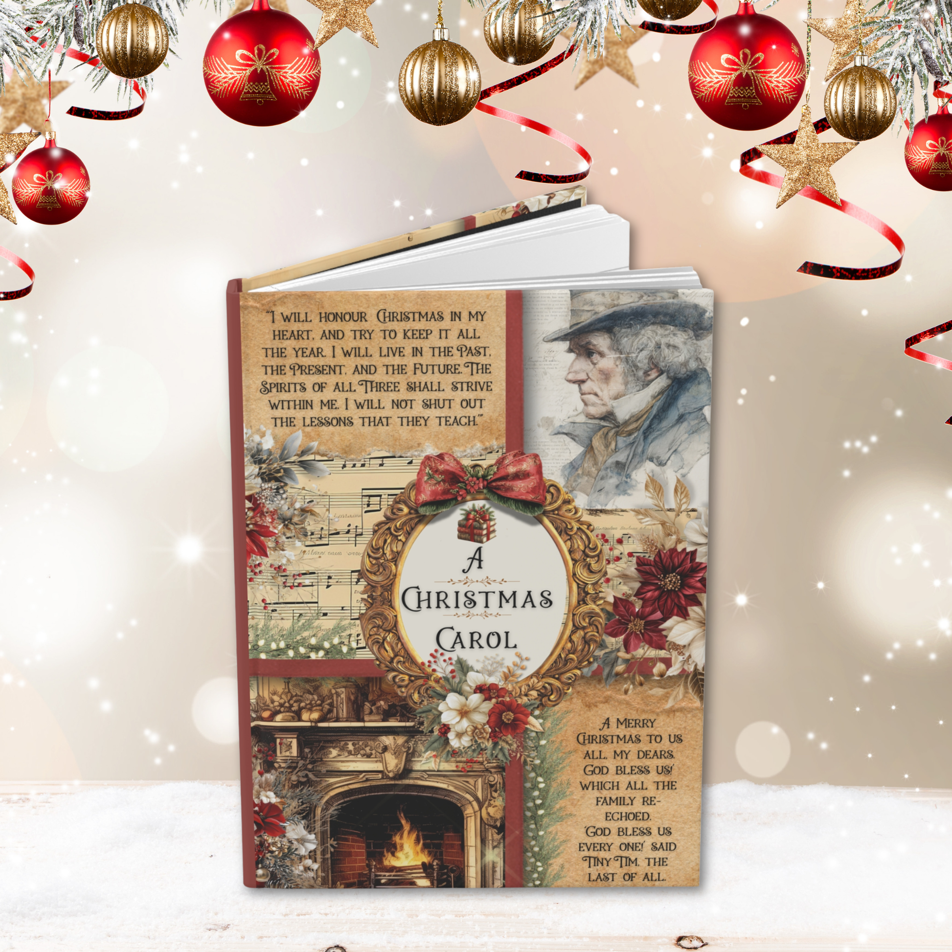 Journal titled 'A Christmas Carol' with festive decorations on a light background