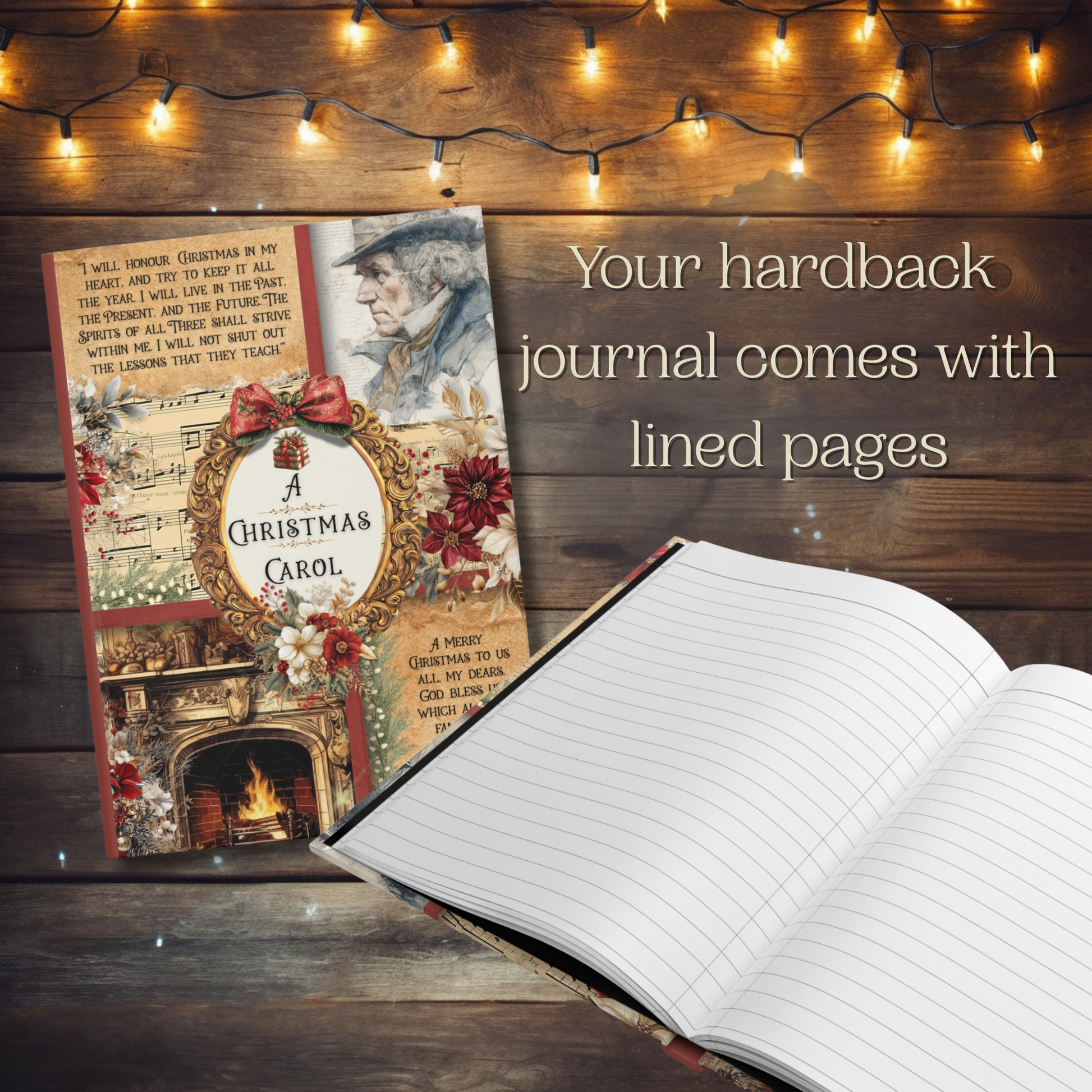 Open notebook with 'A Christmas Carol' cover and open hardback journal showing lined pages on wooden surface with string lights.