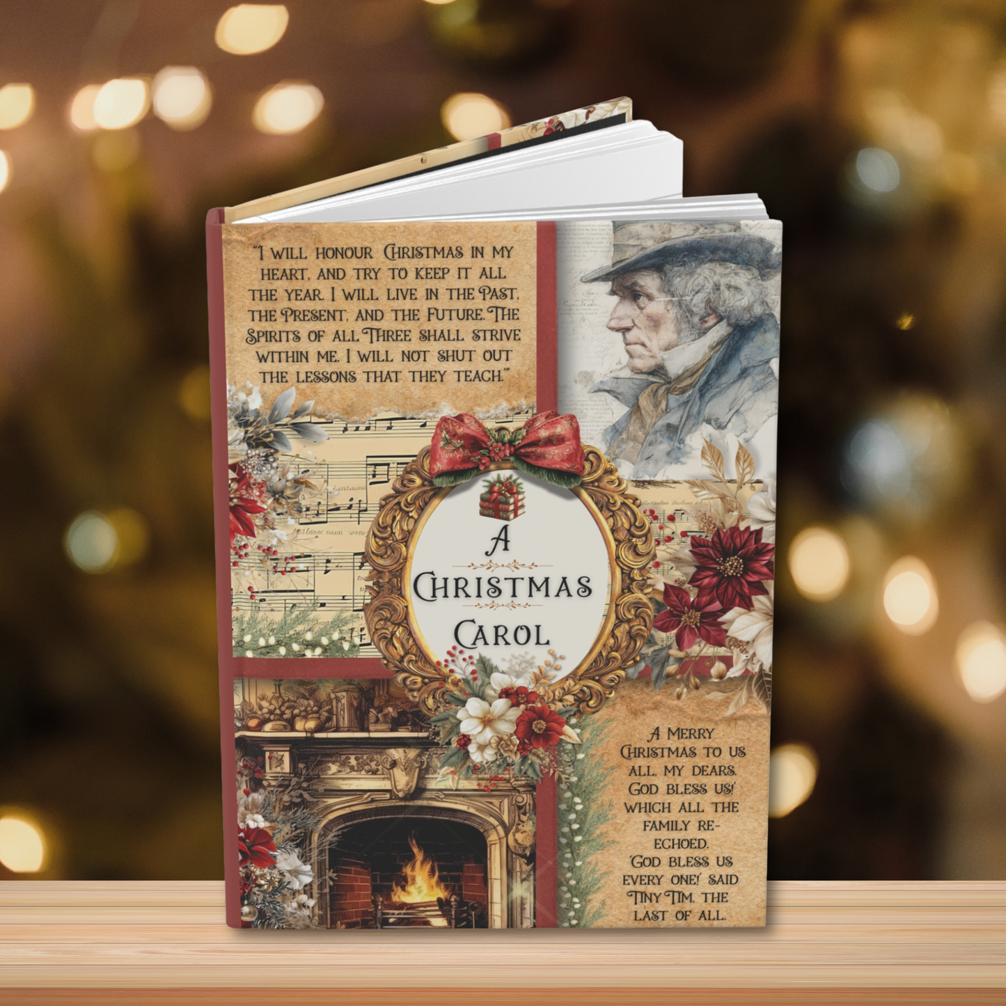Notebook cover of 'A Christmas Carol' with decorative elements and a warm, festive background.