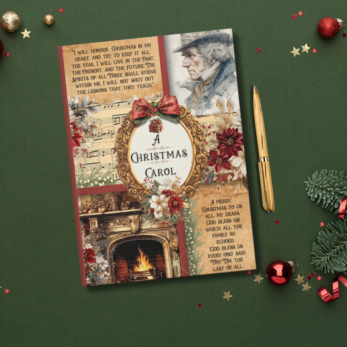 Book cover of 'A Christmas Carol' with festive decorations on a green background