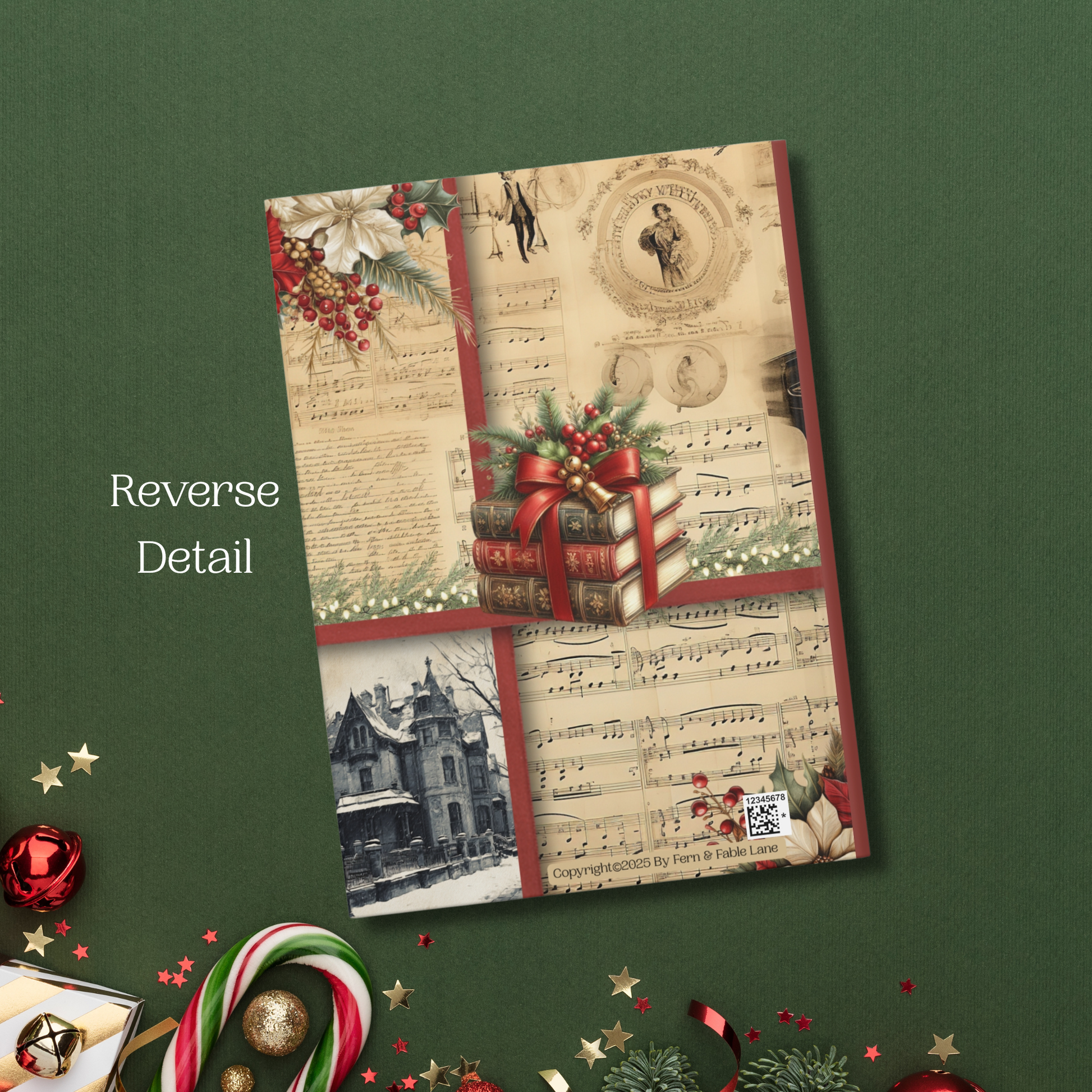 Reverse detail of "A Christmas Carol" journal, showing a decorative stack of vintage books tied with ribbon. Laid on a green Christmas-themed  background.