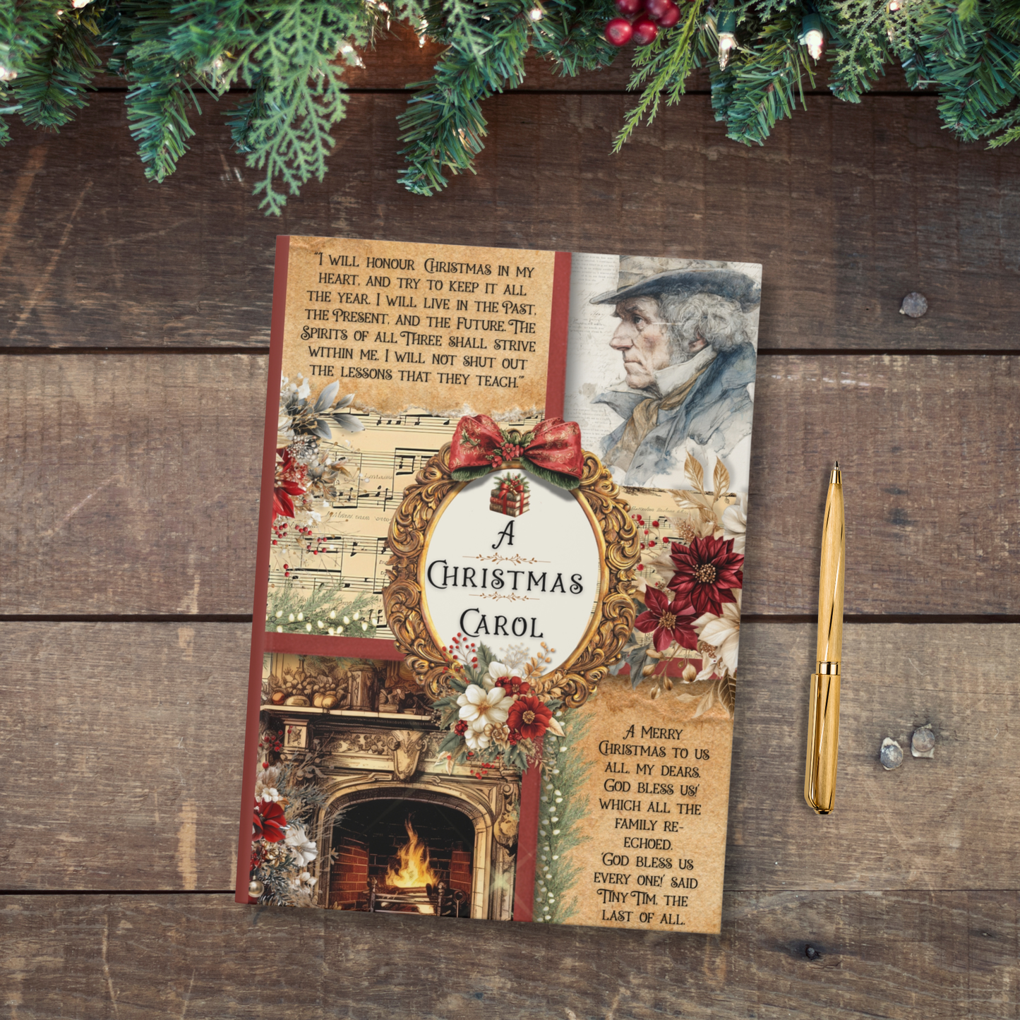 Book cover of 'A Christmas Carol' with festive design elements on a wooden surface.