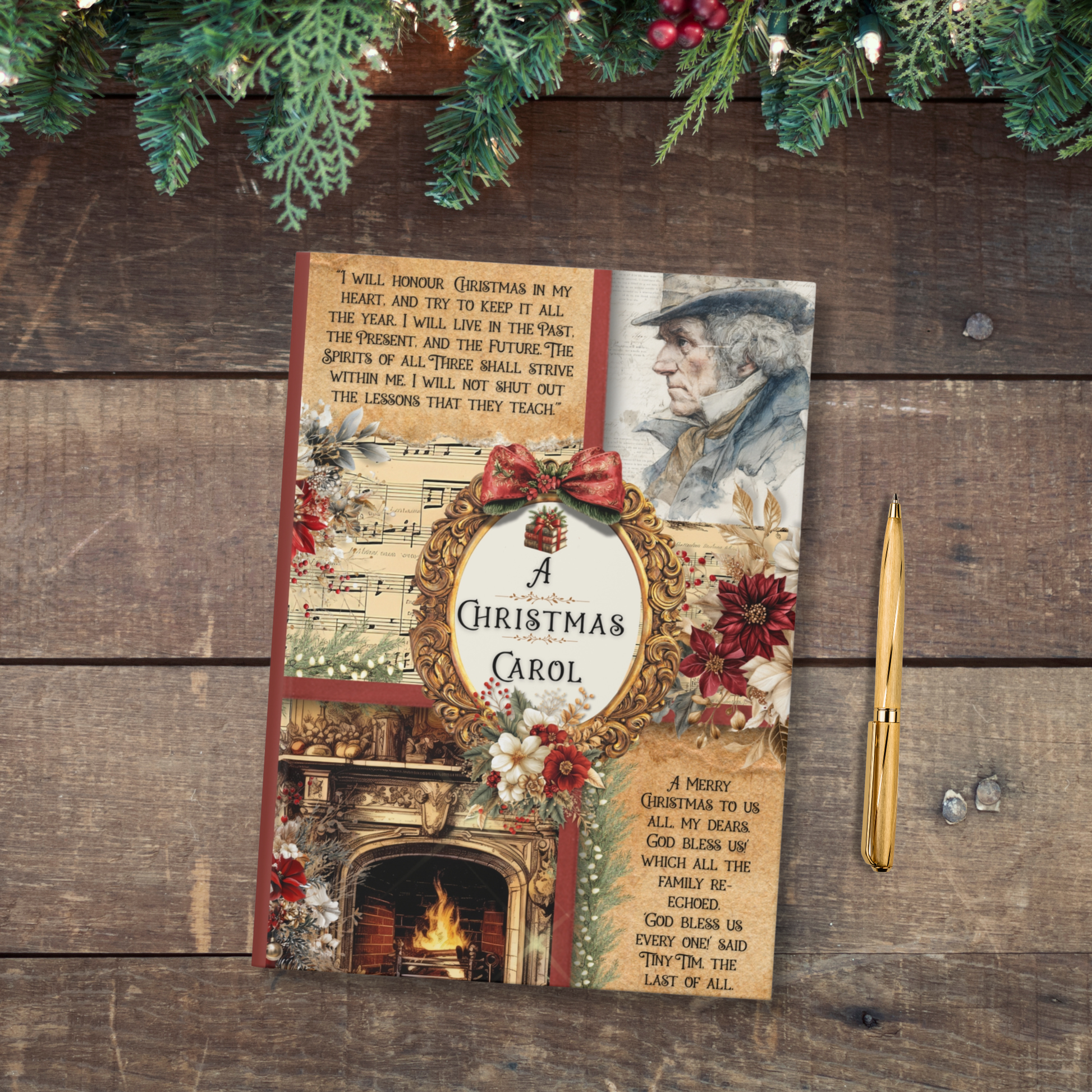 Book cover of 'A Christmas Carol' with festive design elements on a wooden surface.