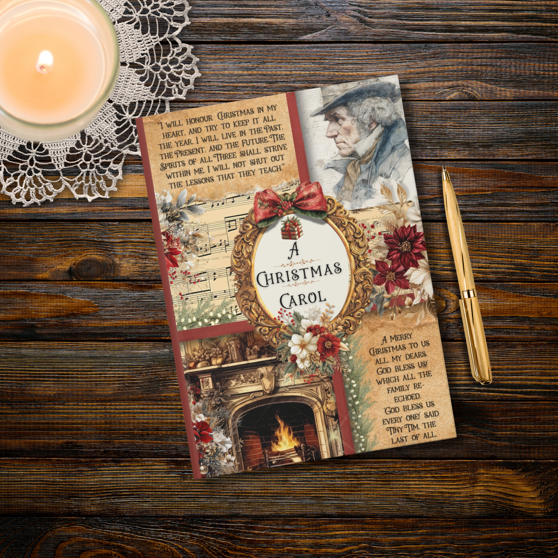 Journal cover of 'A Christmas Carol' with a candle and pen on a wooden surface