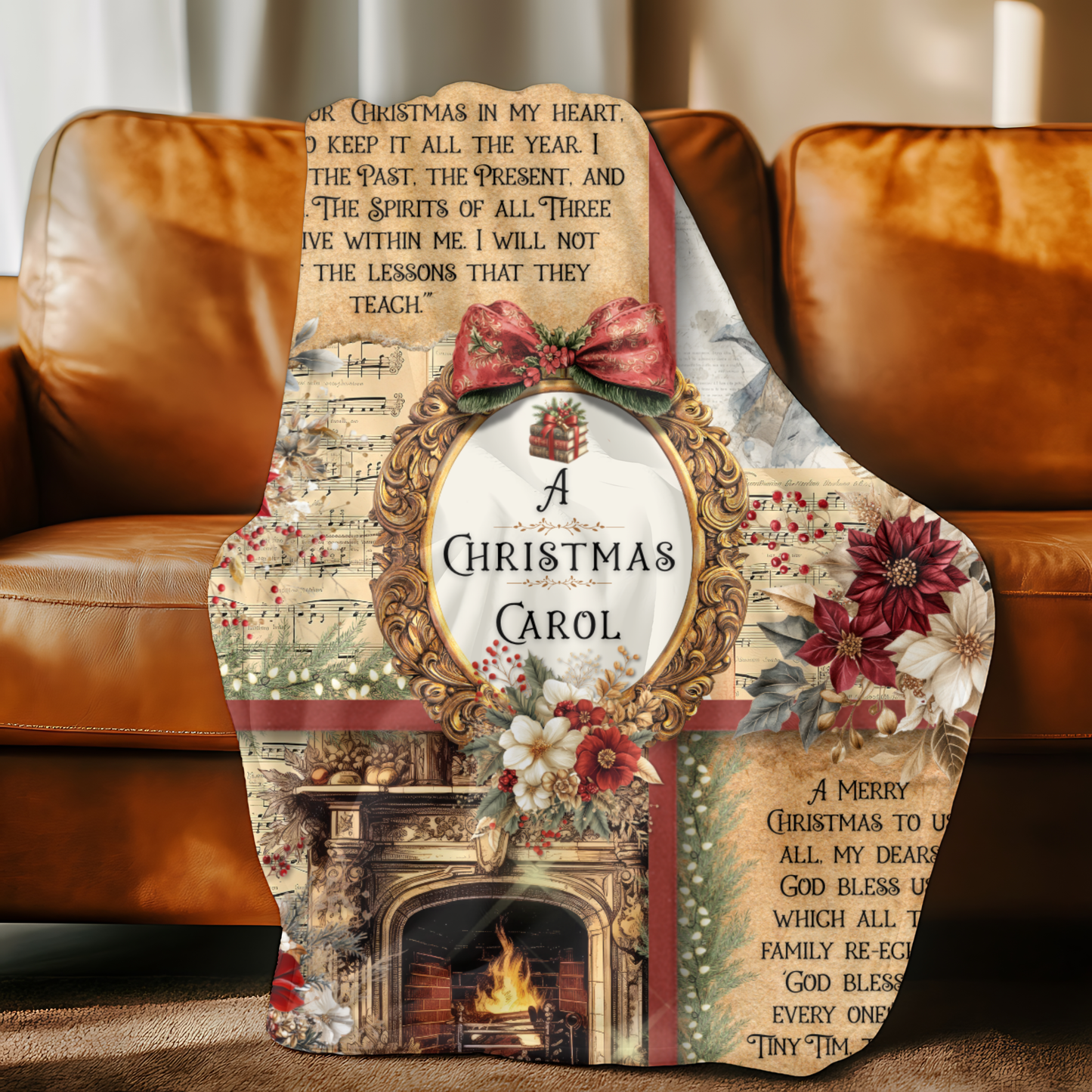 "A Christmas Carol" Sherpa Blanket draped over a brown leather sofa.