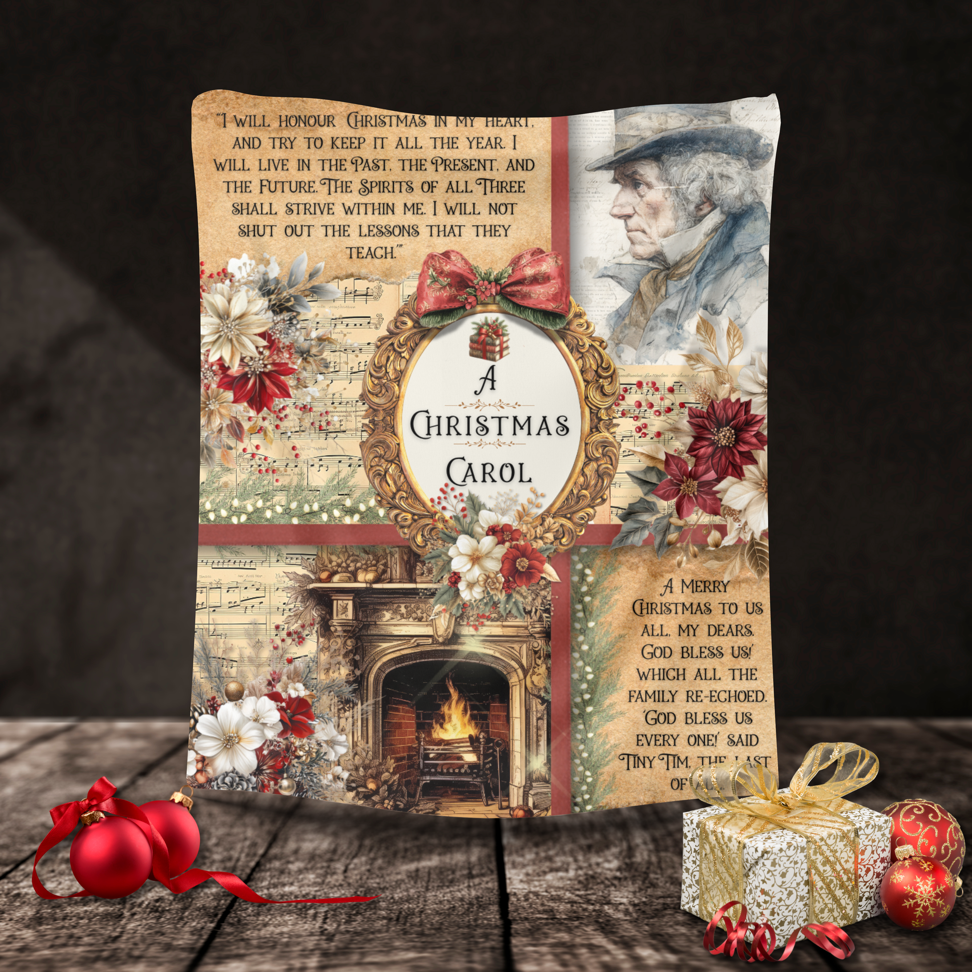 "A Christmas Carol" Sherpa Blanket with Christmas Graphics and quotes from the book.
