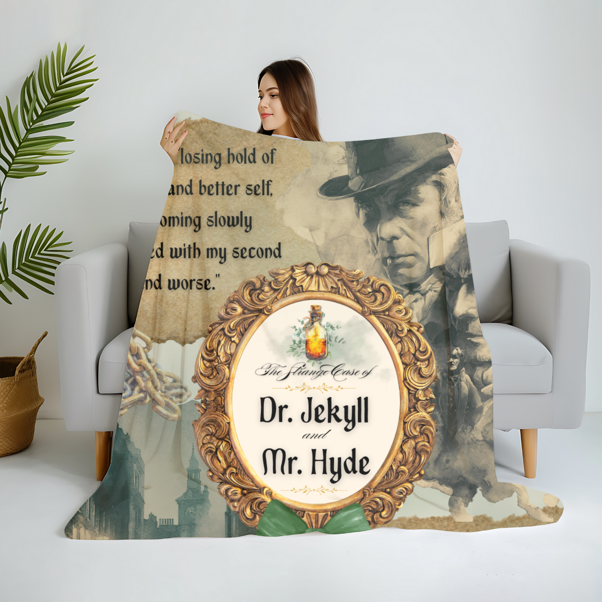 Woman holding a cozy sherpa blanket with Dr. Jekyll and Mr. Hyde design