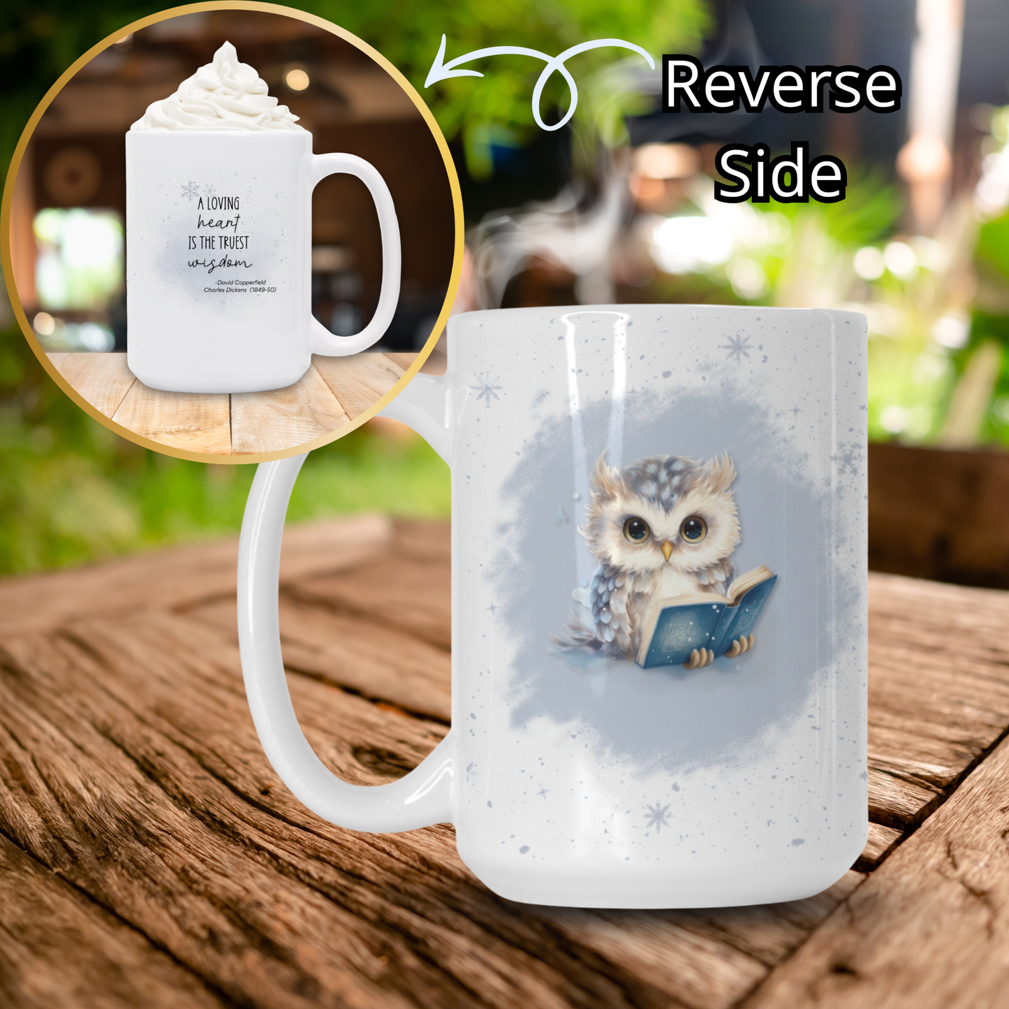 White mug with owl design on a wooden surface, showing both sides.