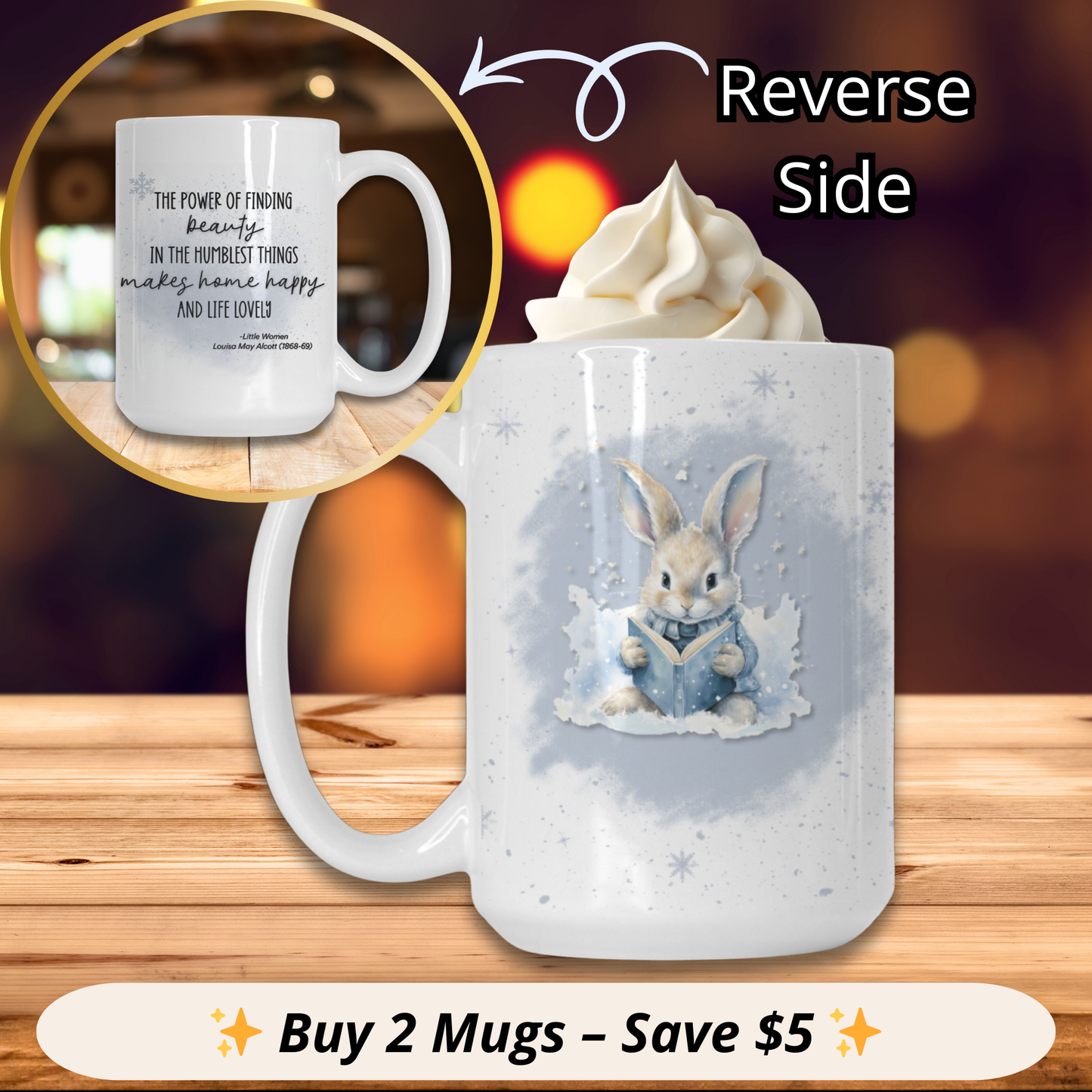 White mug with a rabbit design on a wooden surface, with a blurred background.