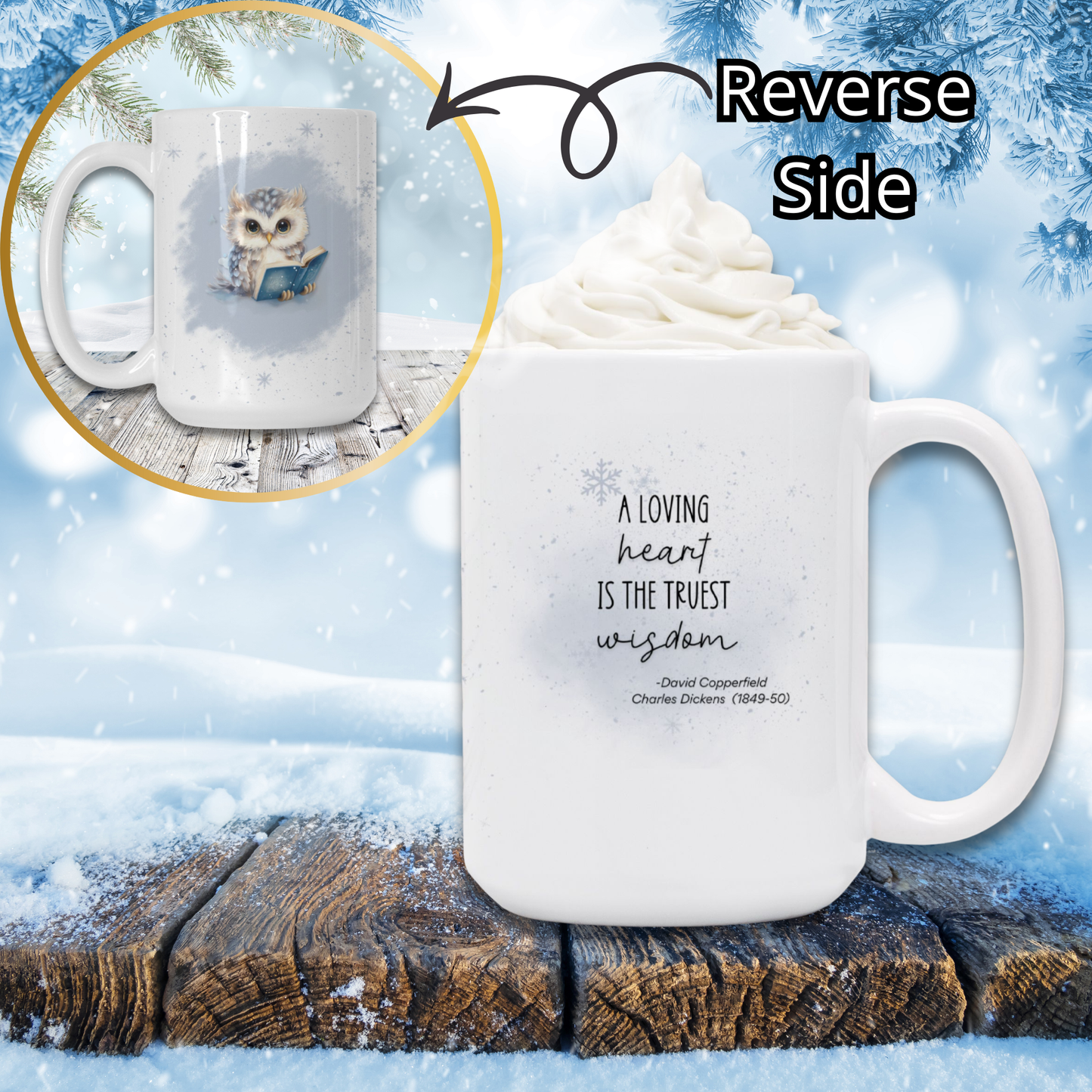 White mug with owl design on one side and motivational quote on the other, set against a snowy background.