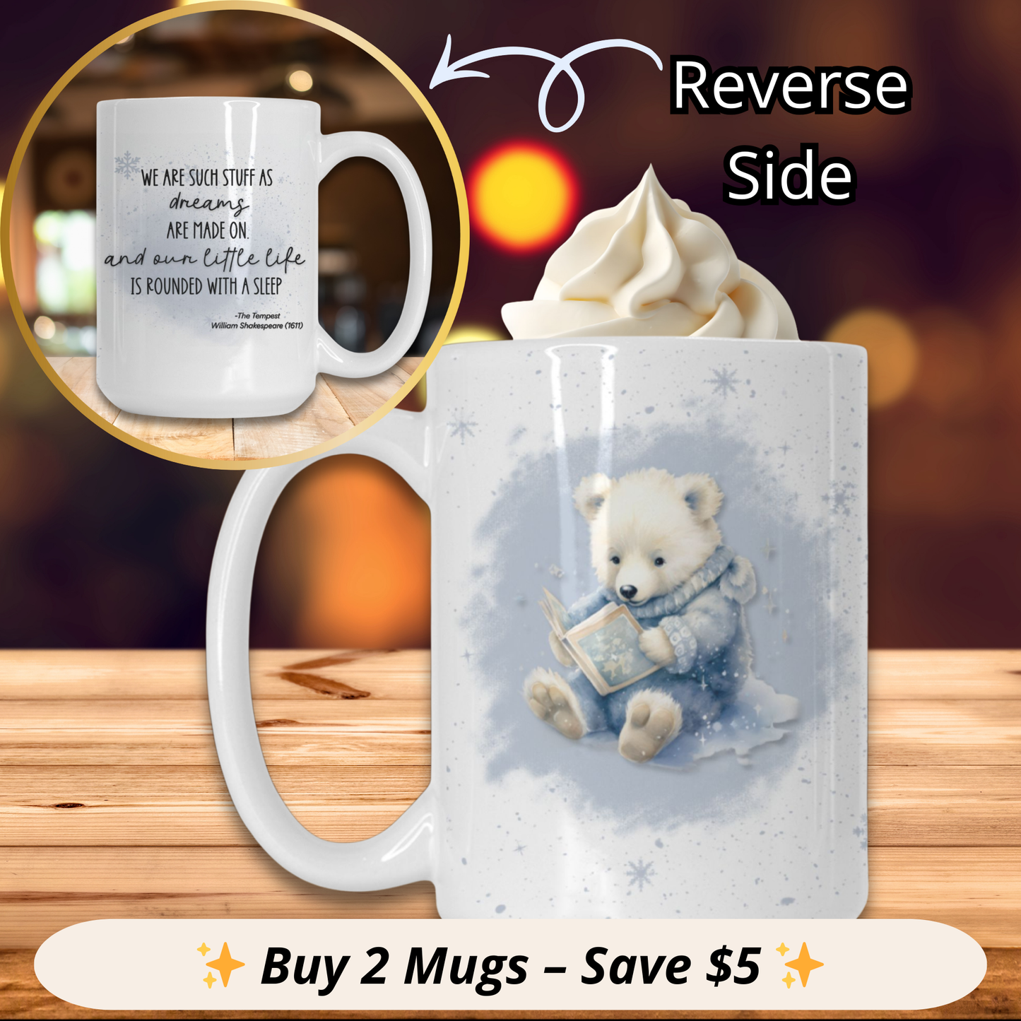 Mug with teddy bear design and text on a wooden surface with blurred background