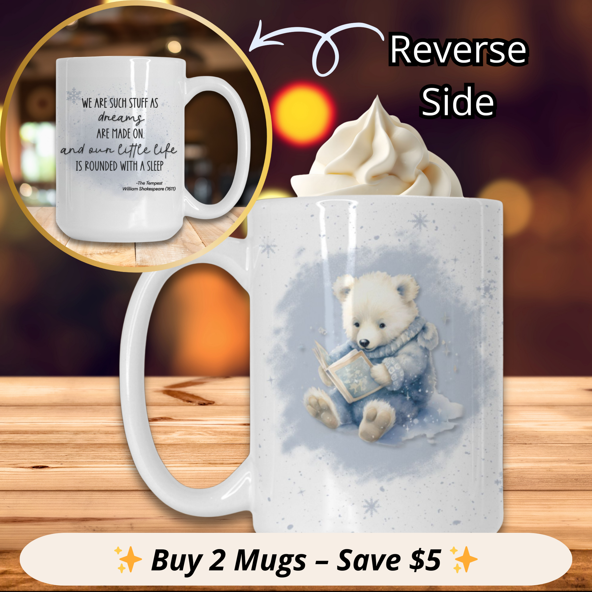 Mug with teddy bear design and text on a wooden surface with blurred background