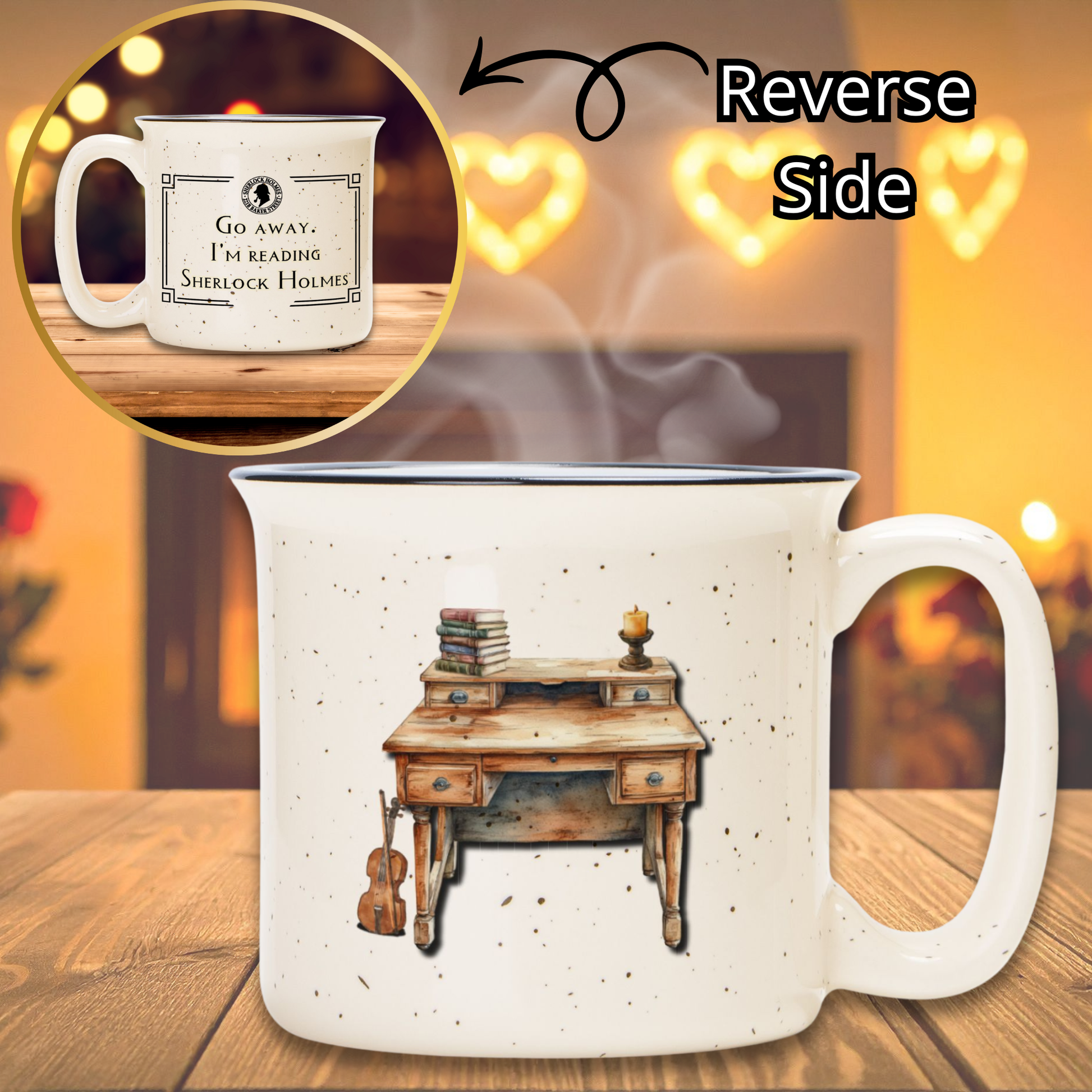 Mug with a desk illustration on one side and text on the other, placed on a wooden surface with a warm background.