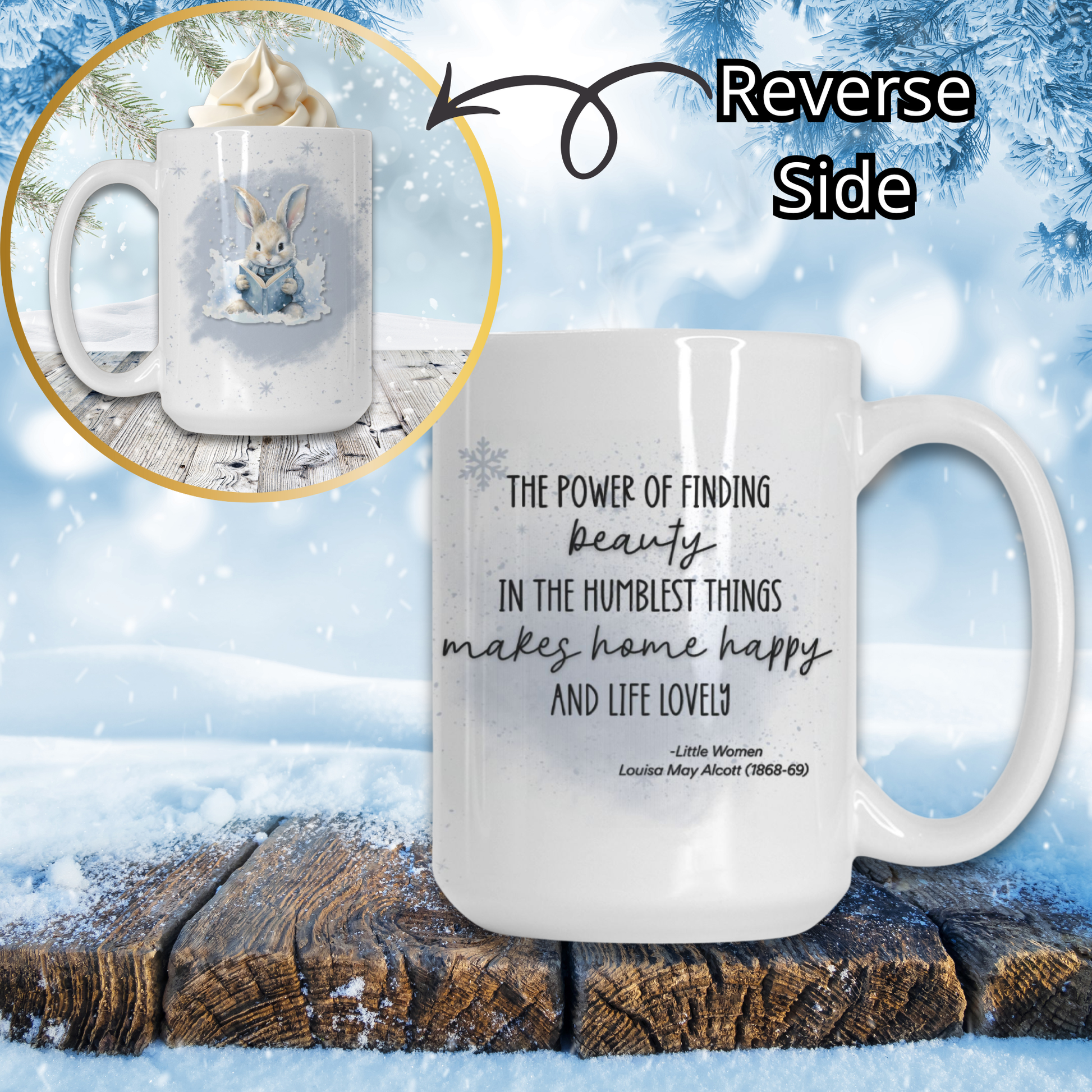 White mug with a quote on a snowy background