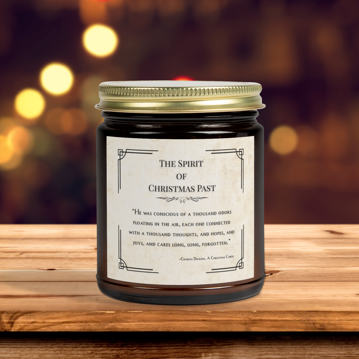 Candle jar labeled 'The Spirit of Christmas Past' on a wooden surface with a blurred festive background.