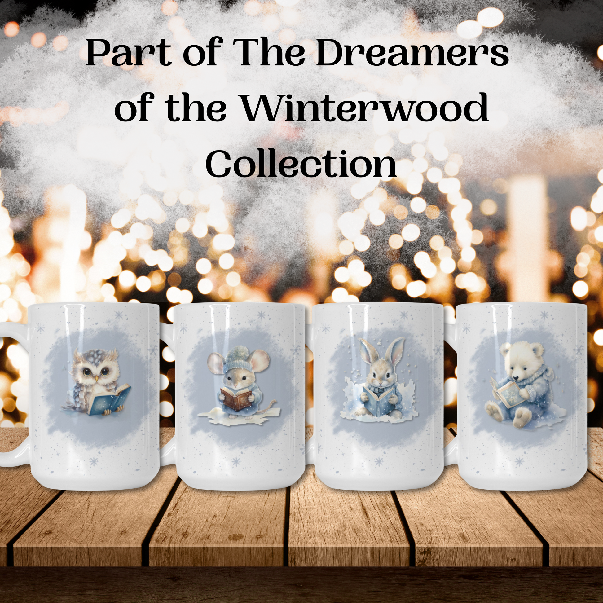 Four frosted glass mugs with animal illustrations on a wooden surface with a festive background.