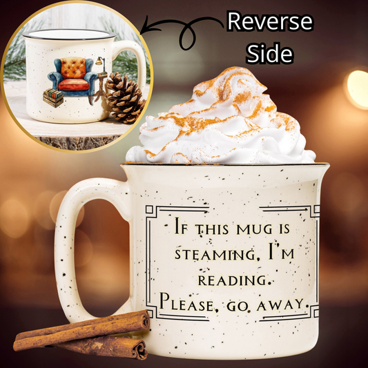 White mug with text and a close-up of a steaming cup of coffee with whipped cream.