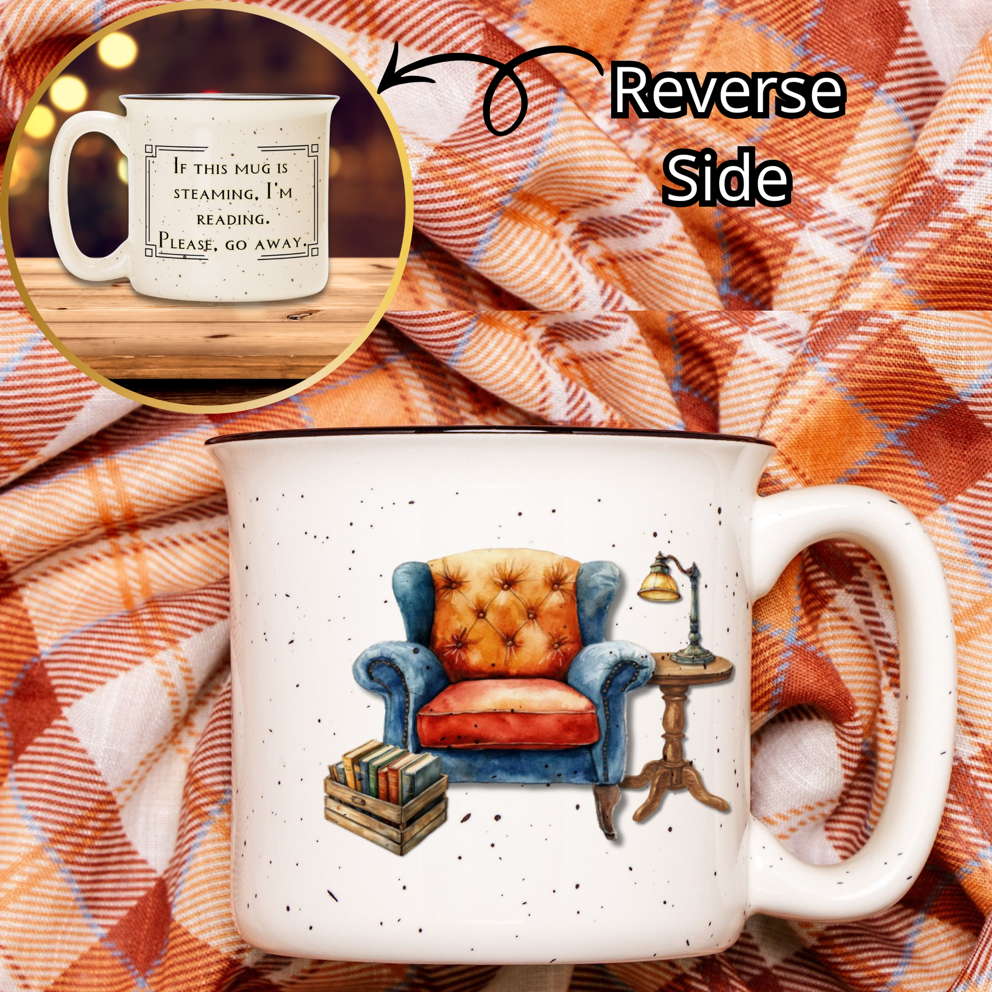 Mug with armchair design on a plaid fabric background