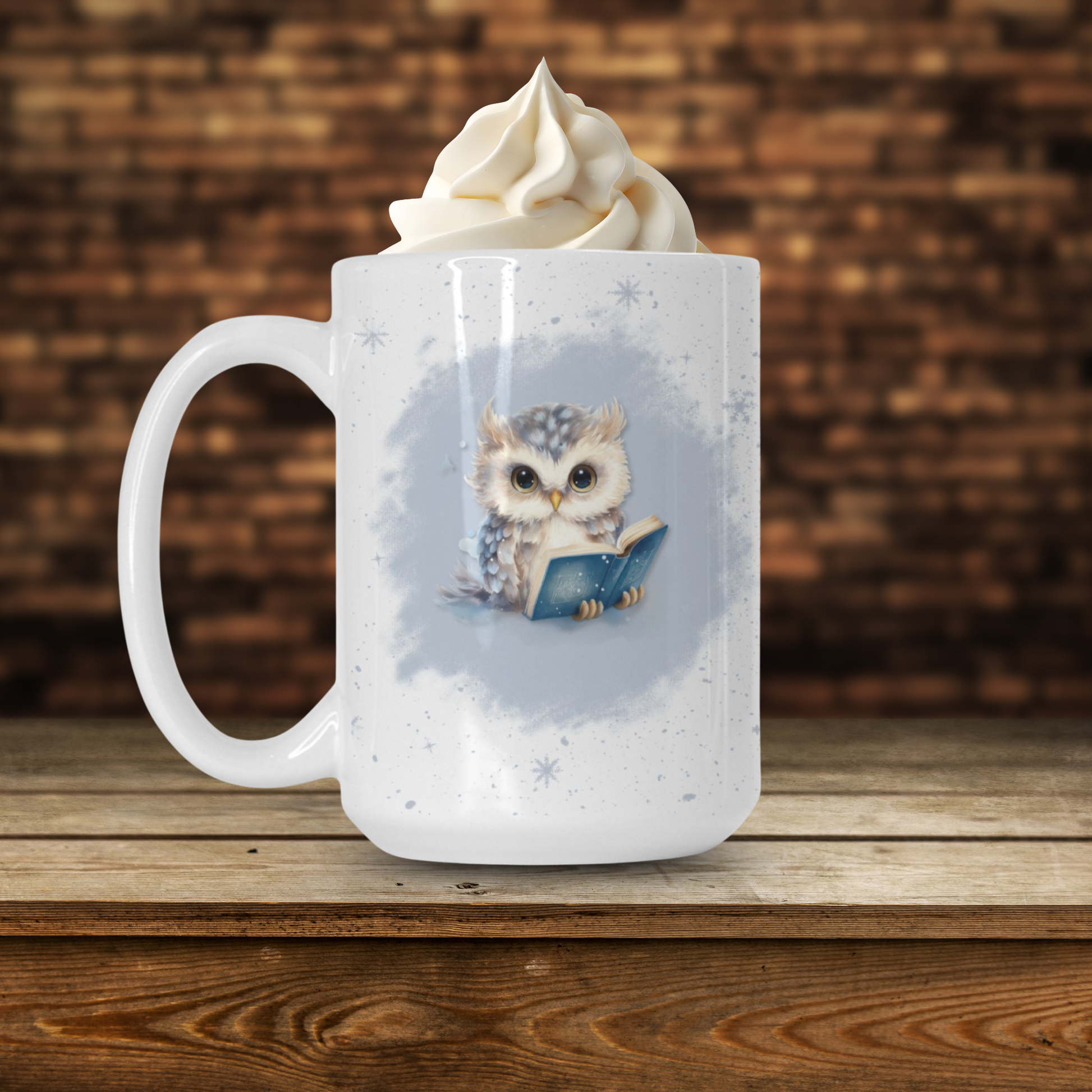 White mug with an owl design on a wooden surface and wooden background