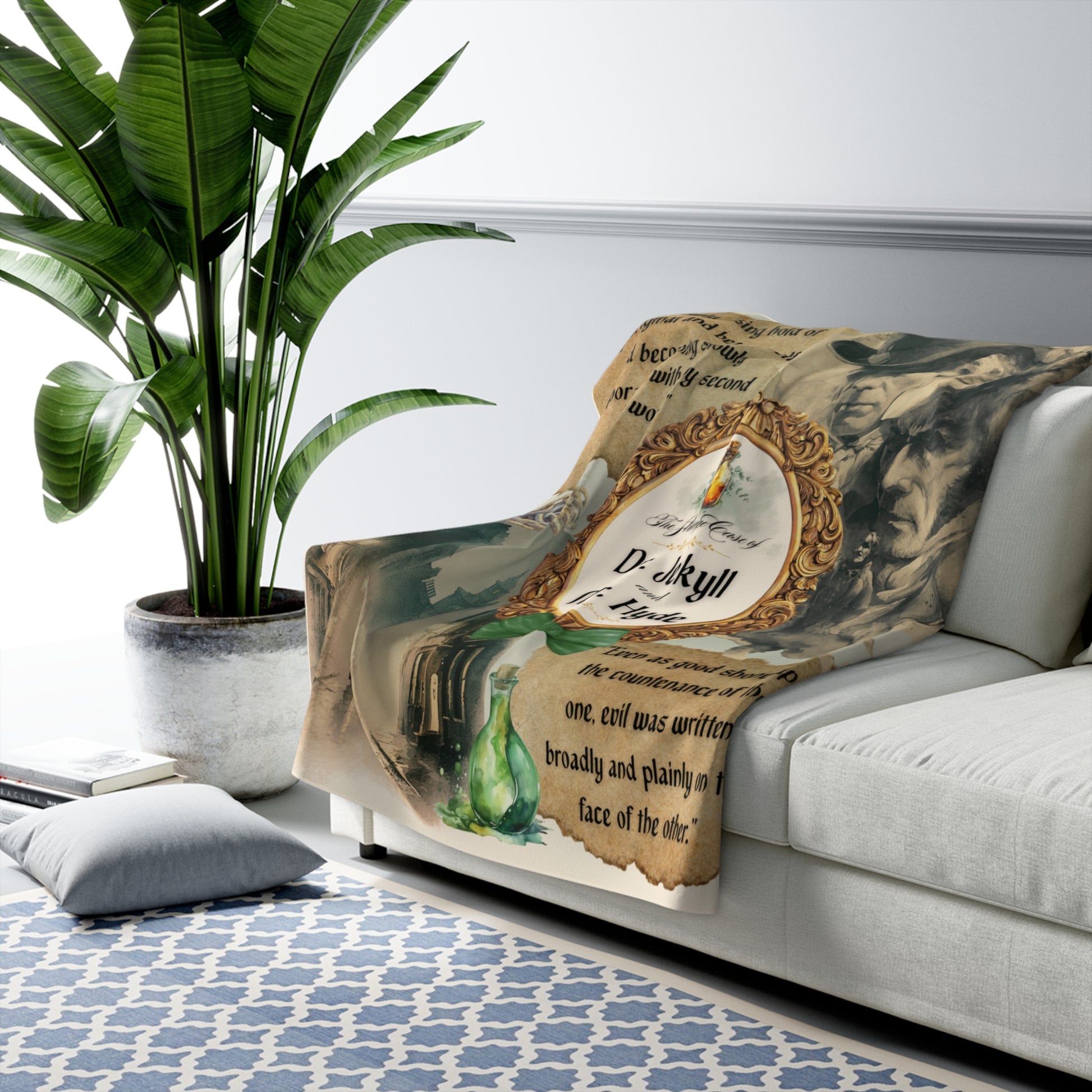 Dr. Jekyll and Mr. Hyde sherpa blanket with vintage design on a white couch, surrounded by a plant and books.
