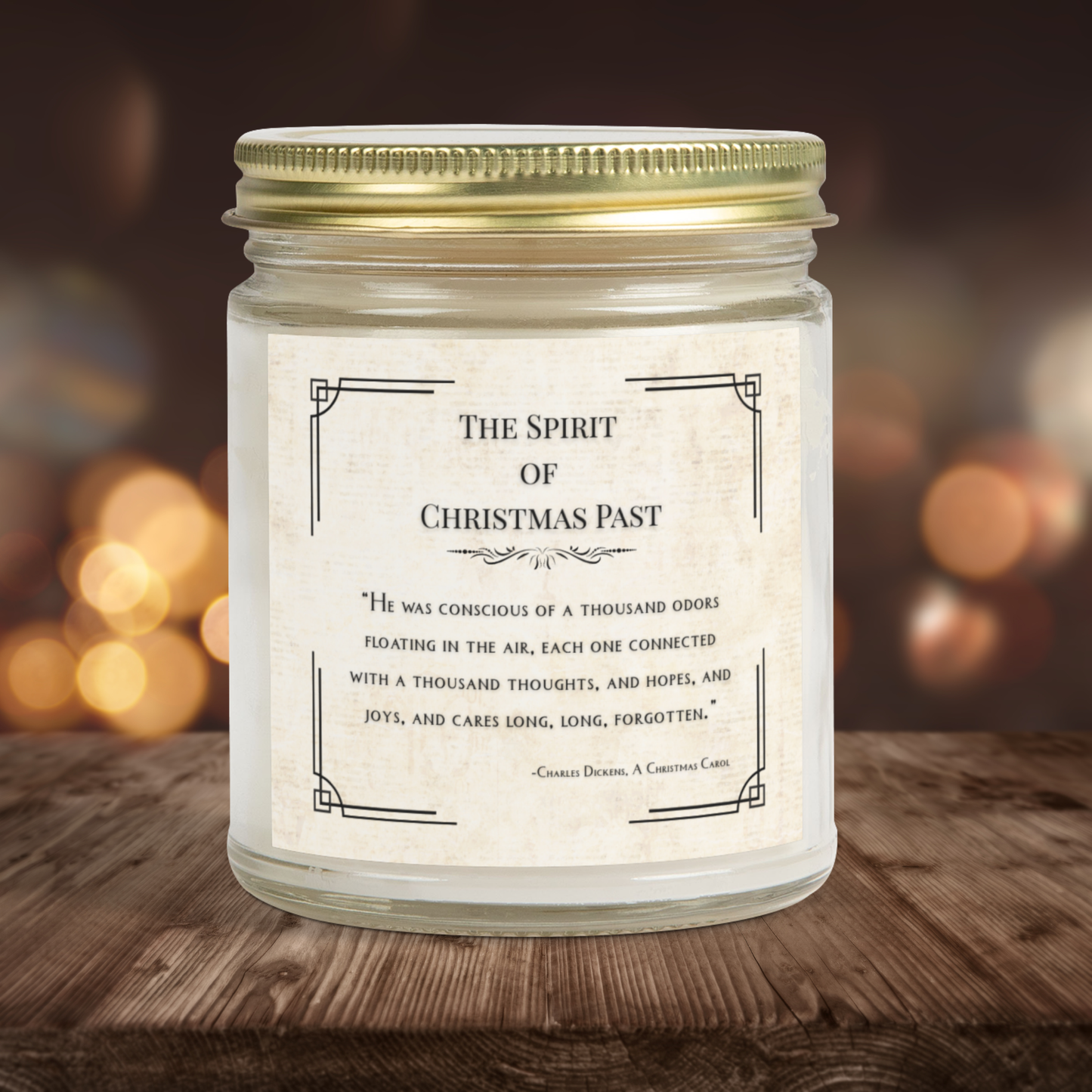 Candle jar with a decorative label on a wooden surface with a blurred background