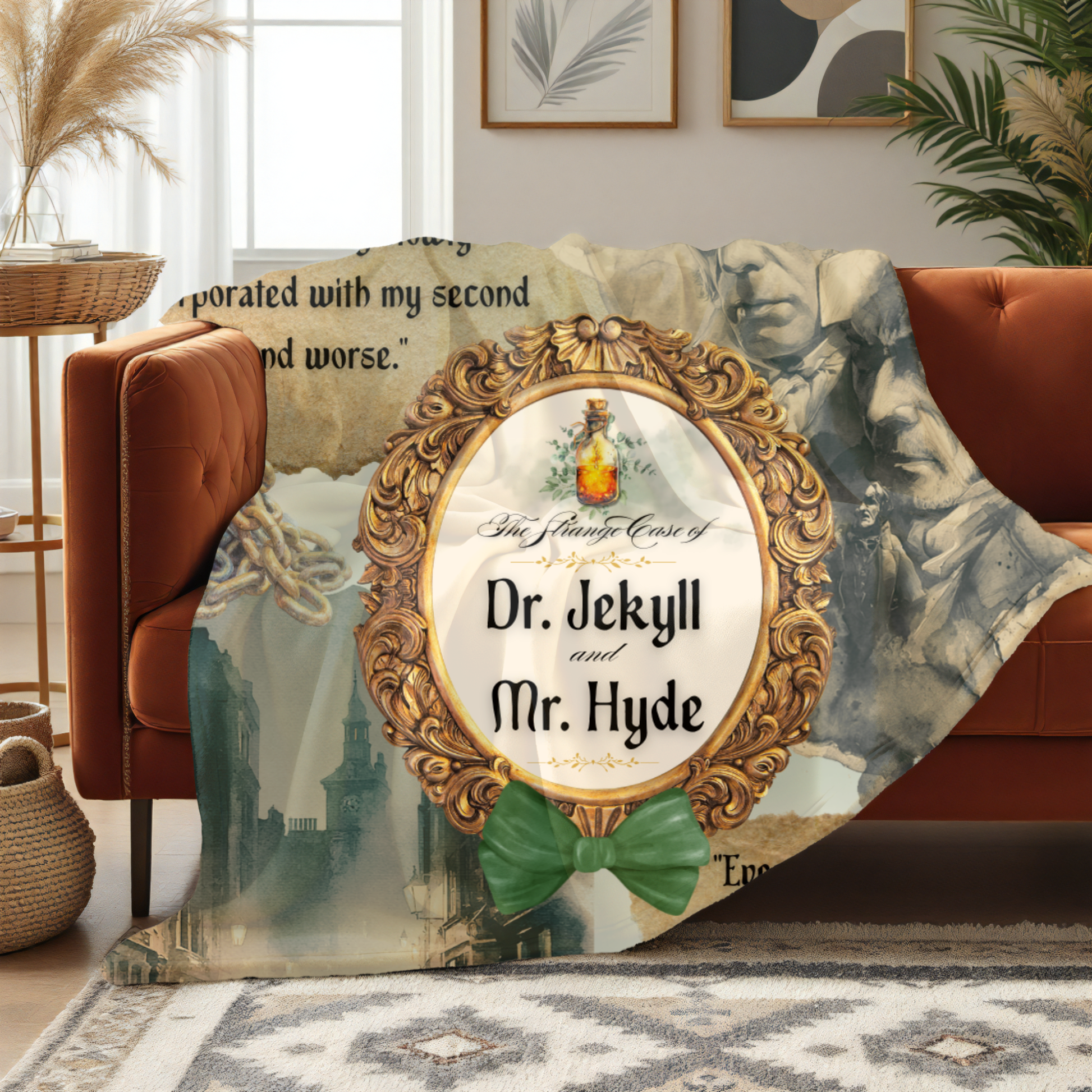 Blanket with 'Dr. Jekyll and Mr. Hyde' design draped over a couch in a living room.