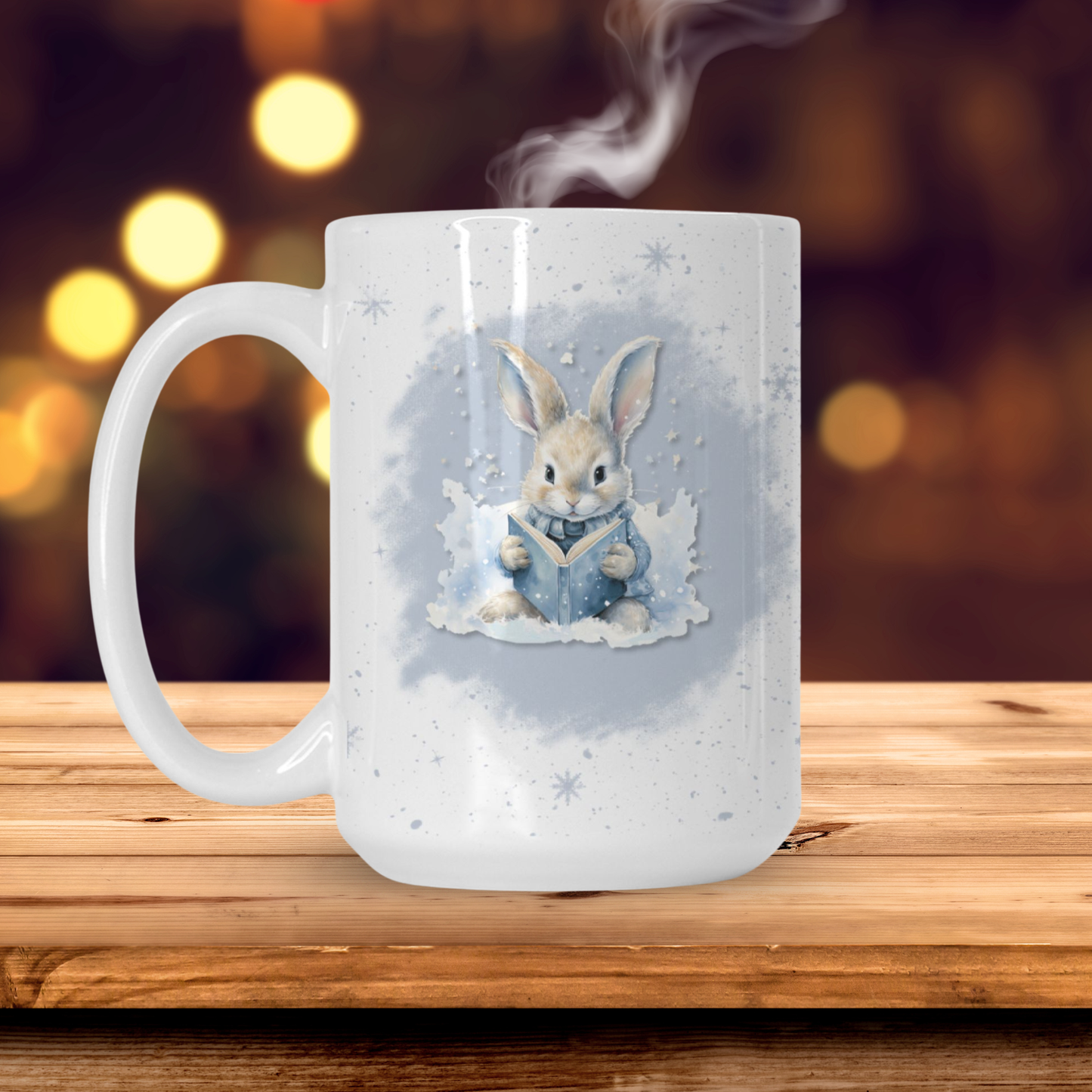 White mug with a rabbit design on a wooden surface with a blurred background