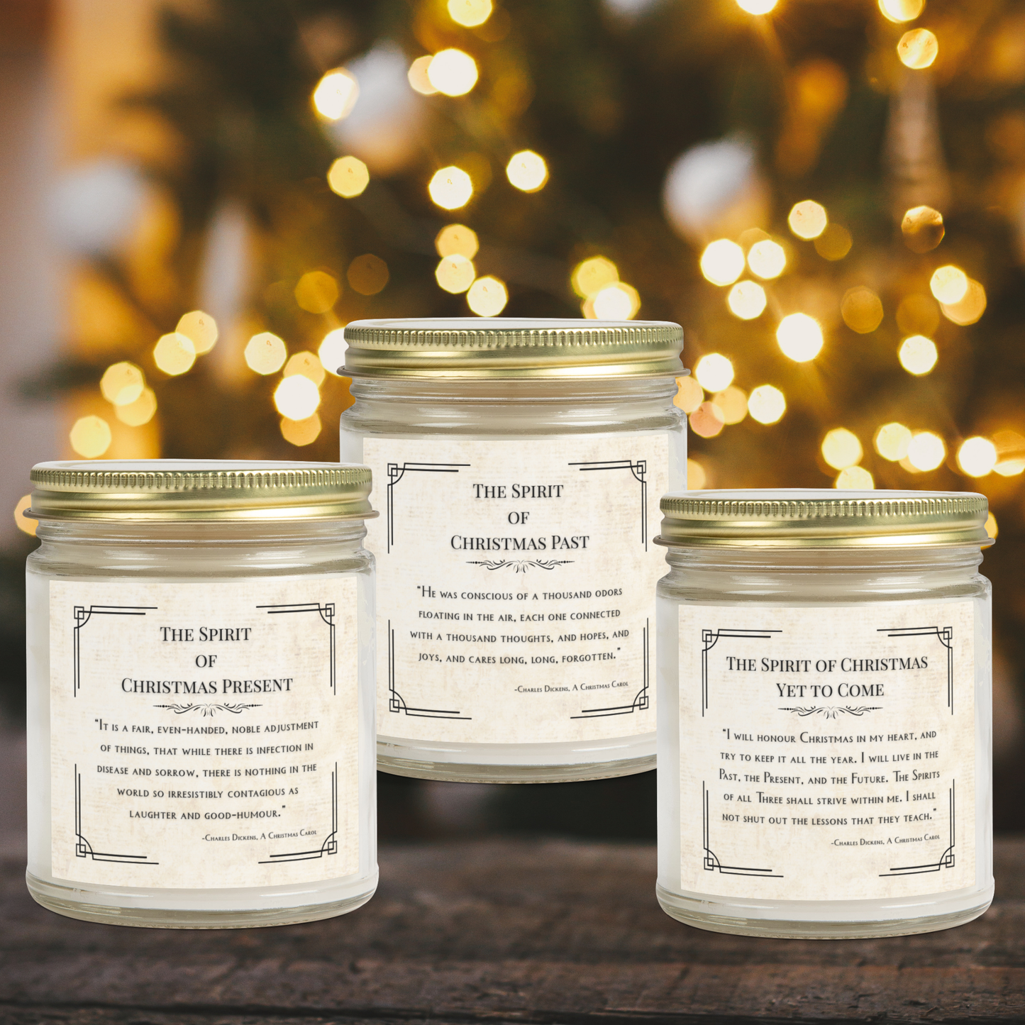 Three candles labeled 'The Spirit of Christmas Present', 'Past', and 'Yet to Come' with a festive background.