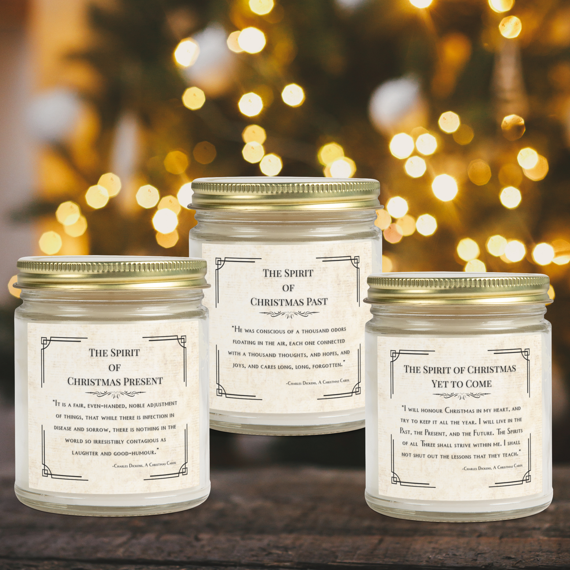 Three candles labeled 'The Spirit of Christmas Present', 'Past', and 'Yet to Come' with a festive background.
