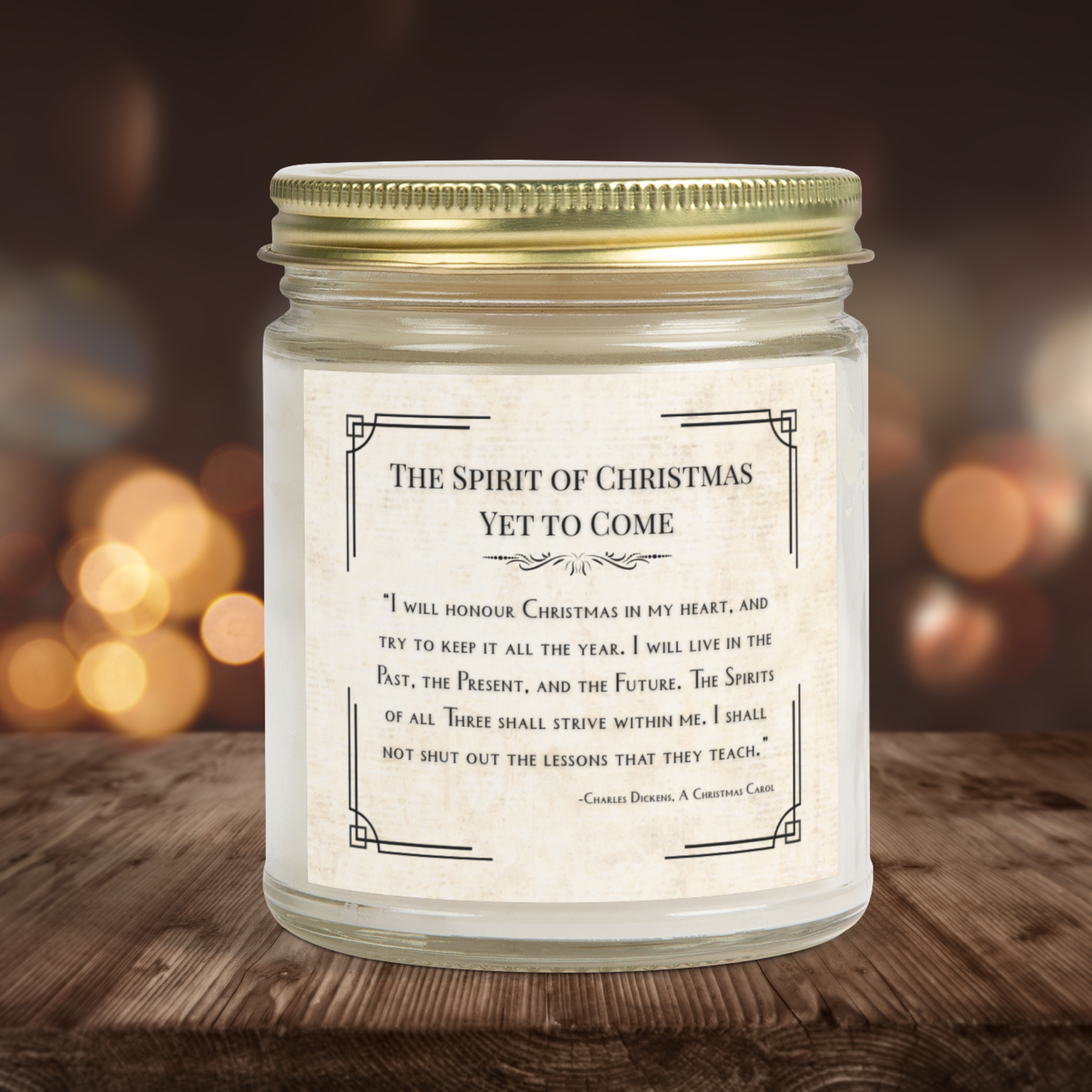 Candle jar with a Christmas-themed label on a wooden surface with blurred lights in the background