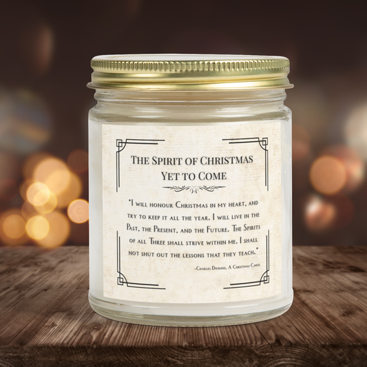 Candle jar with a Christmas-themed label on a wooden surface with blurred lights in the background