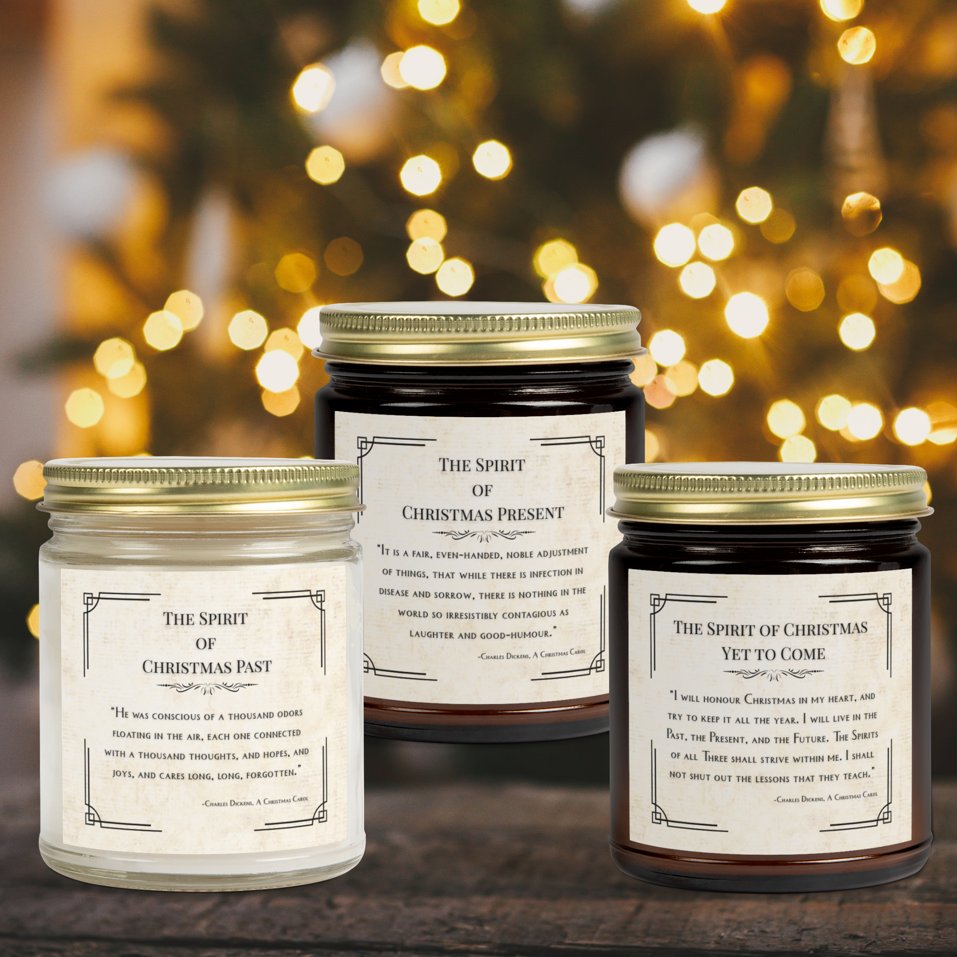 Three jars labeled 'The Spirit of Christmas' with a festive background