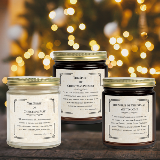Three jars labeled 'The Spirit of Christmas' with a festive background