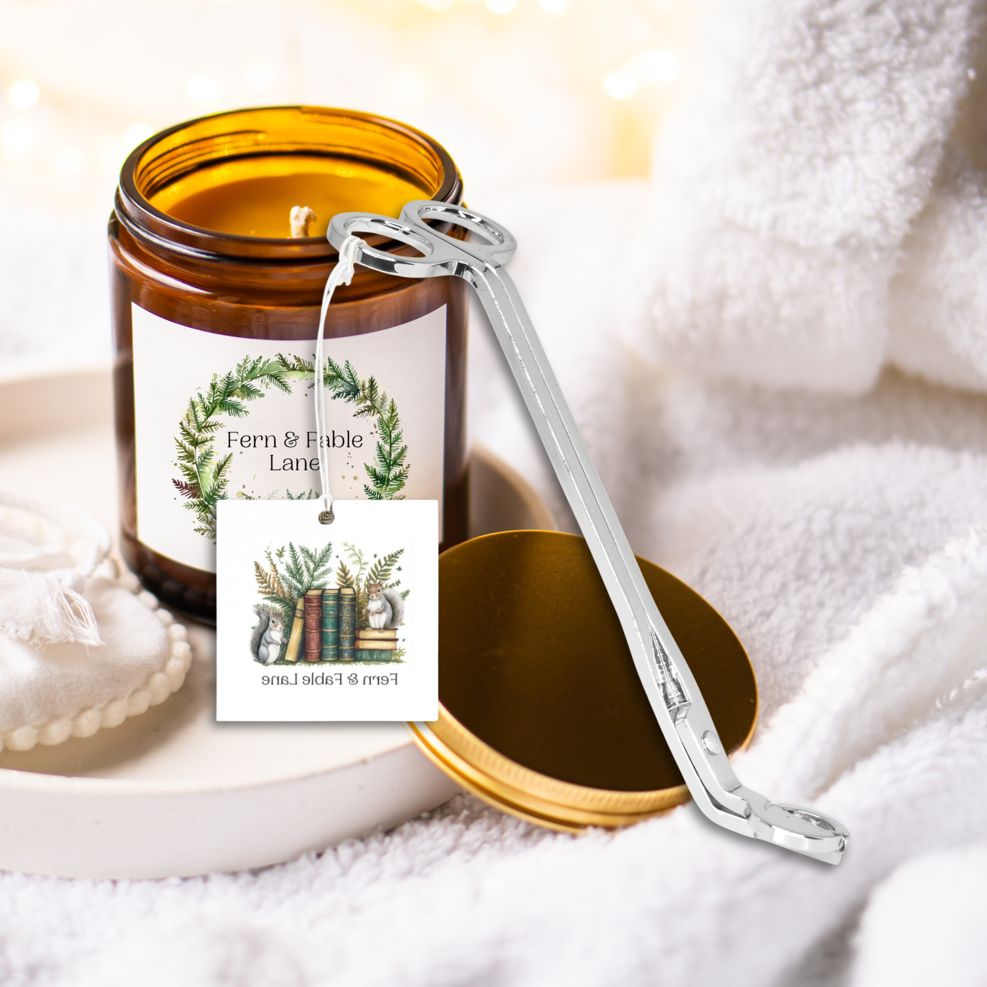 Wick trimmer  and candle with a decorative label and lid on a soft white surface