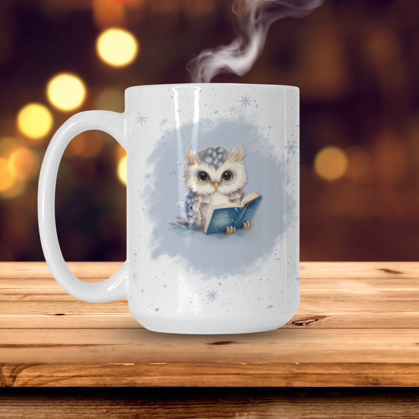 White mug with an owl design on a wooden surface with a blurred background