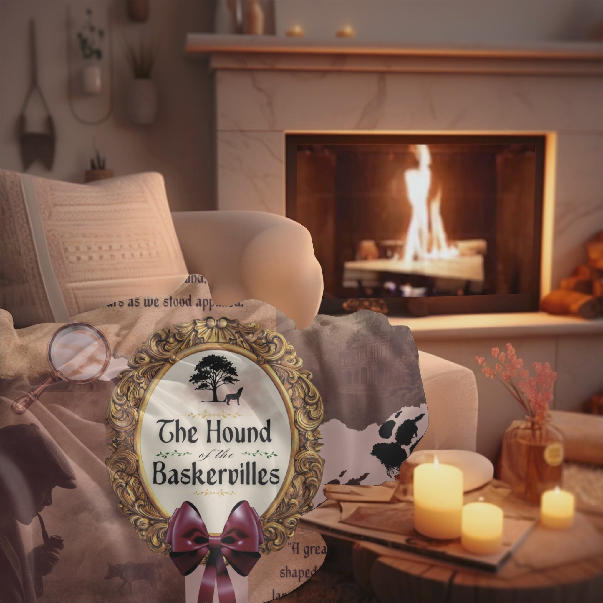 The Hound of the Baskervilles sherpa blanket draped over a couch with a cozy fire in a fireplace in the background.