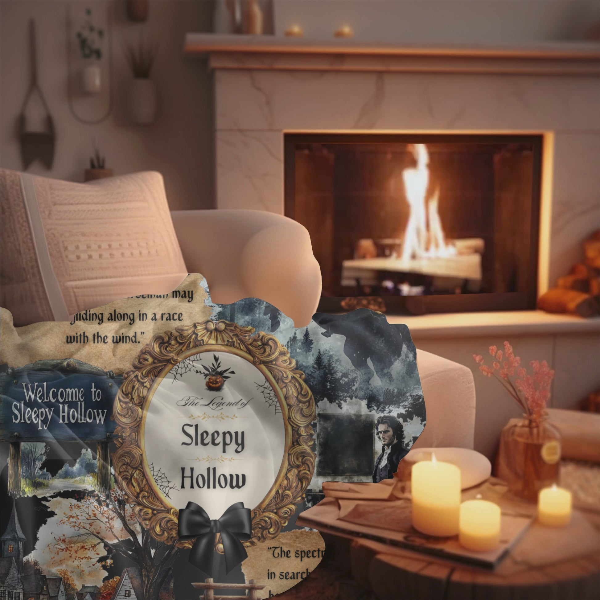 The Legend of Sleepy Hollow Blanket draped over a couch in  a living room with a roaring fire in a fireplace.
