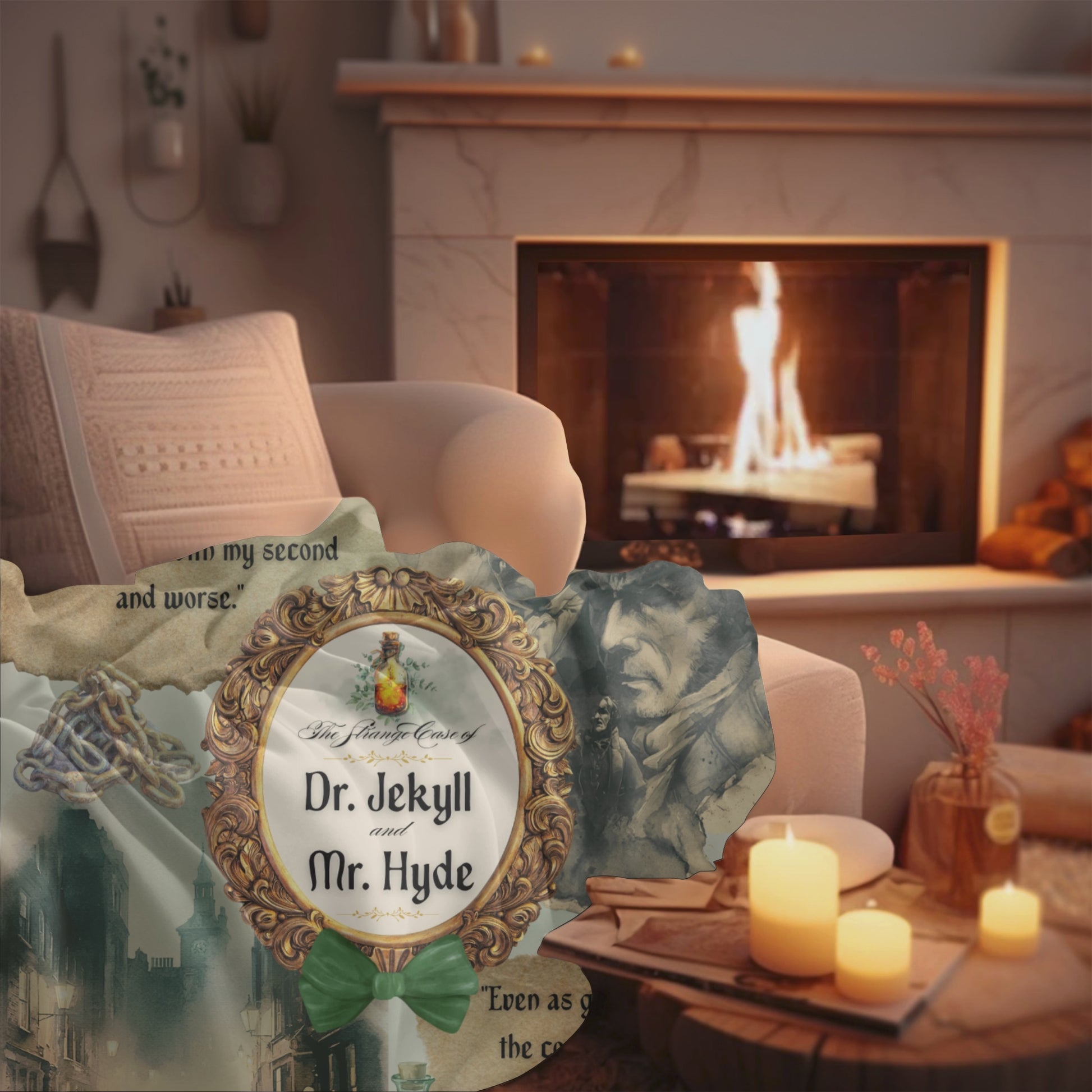Jekyll and Hyde sherpa blanket draped over a soft, peach couch with a crackling fireplace in the background.